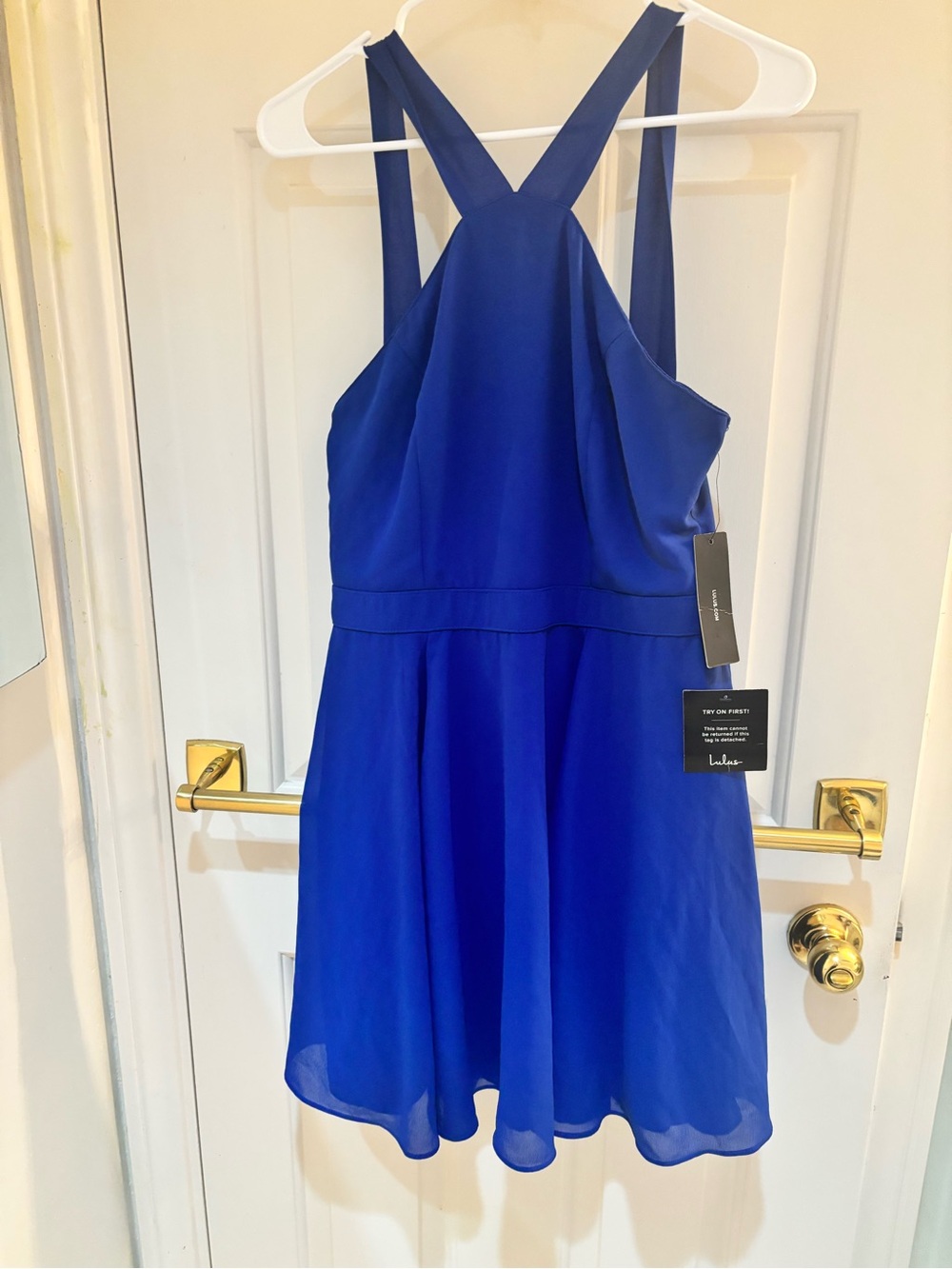 Lulu's Cobalt Blue Fit-and-Flare Dress with Crisscross Straps